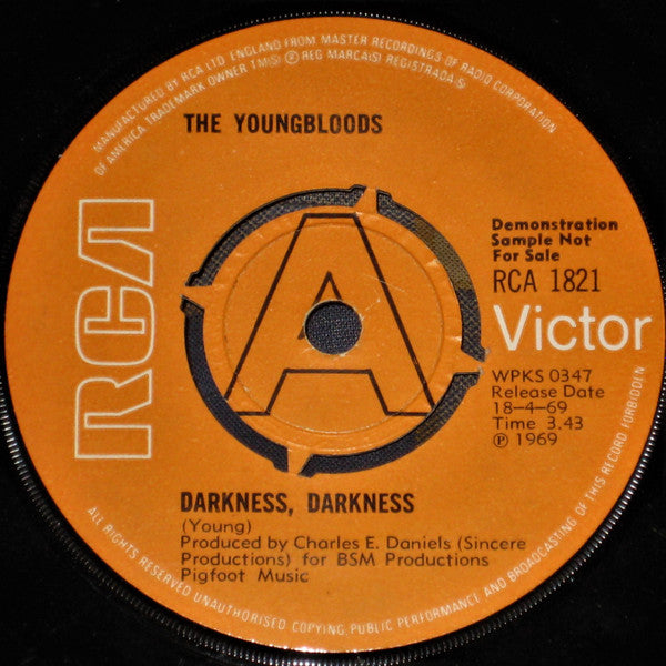 The Youngbloods : Darkness, Darkness / On Sir Frances Drake (7", Single, Promo)