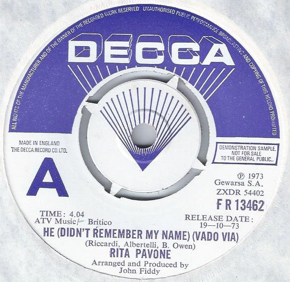Rita Pavone : He (Didn't Remember My Name) (Vado Via) (7", Single, Promo)