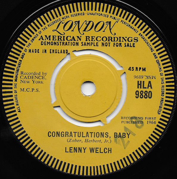 Lenny Welch : Ebb Tide / Congratulations, Baby (7", Single, Mono, Promo)