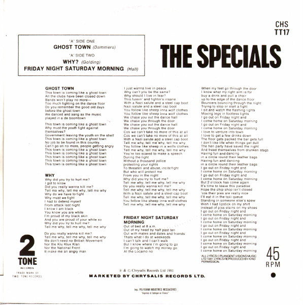 The Specials : Ghost Town /  Why? / Friday Night Saturday Morning (7", Single, Sil)