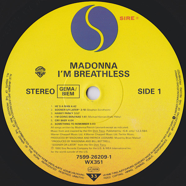 Madonna : I'm Breathless (Music From And Inspired By The Film Dick Tracy) (LP, Album)