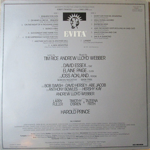 Andrew Lloyd Webber And Tim Rice : Evita (Original London Cast Recording) (LP, Album, RE, Gat)