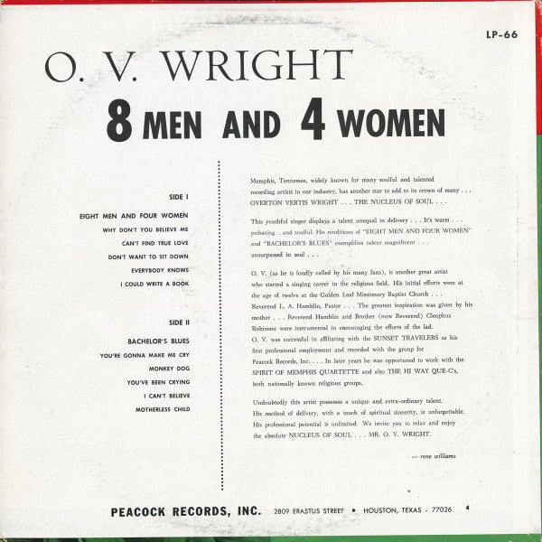 O.V. Wright : 8 Men And 4 Women (LP, Album, RE)