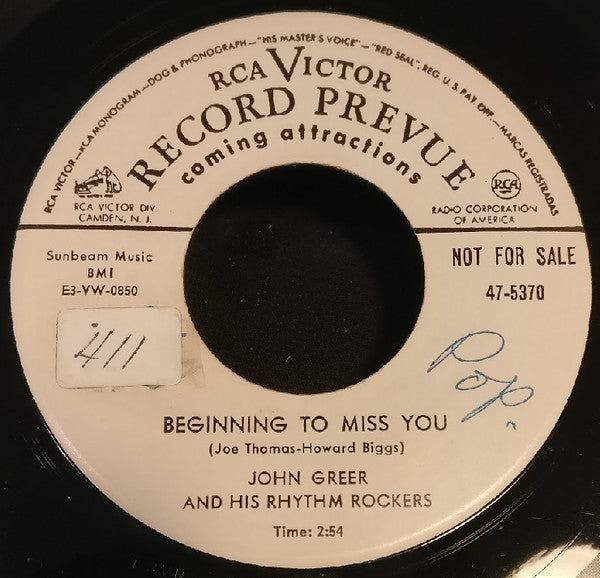 John Greer & His Rhythm Rockers : Rhythm In The Breeze / Beginning To Miss You (7", Single, Promo)