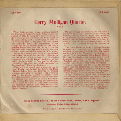 Gerry Mulligan Quartet : Vol 1 (7", EP)