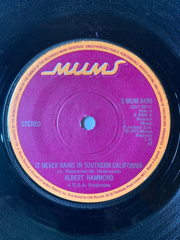 Albert Hammond : It Never Rains In Southern California (7", Single, Sol)