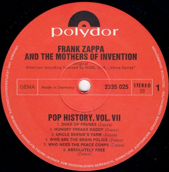 Frank Zappa And The Mothers : Pop History, Vol. 7 (2xLP, Comp)