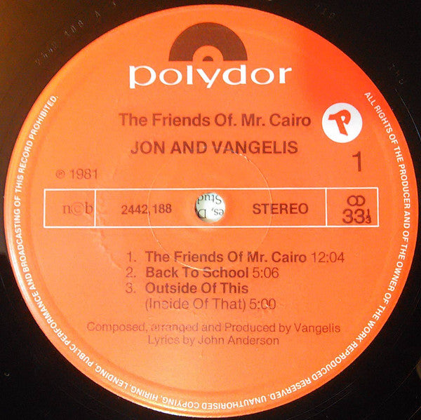 Jon & Vangelis : The Friends Of Mr Cairo (LP, Album)