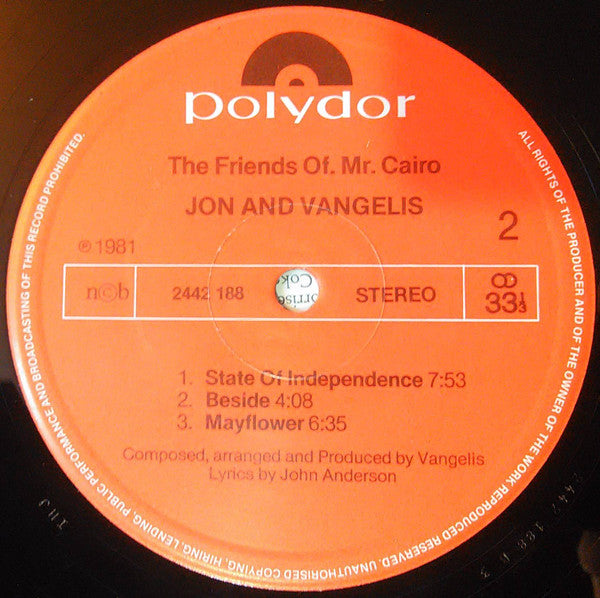 Jon & Vangelis : The Friends Of Mr Cairo (LP, Album)