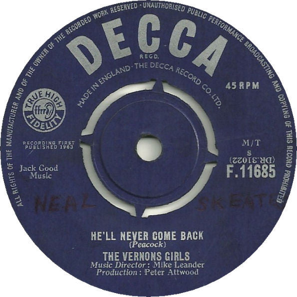 The Vernons Girls : He'll Never Come Back (7", Single)