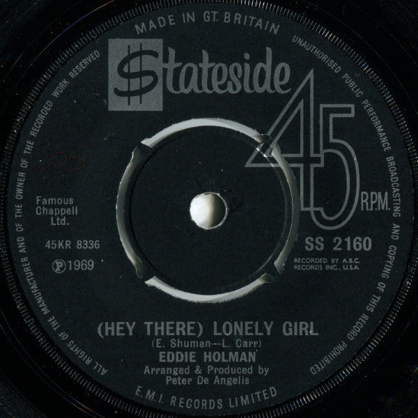 Eddie Holman : (Hey There) Lonely Girl (7", Single, Pus)