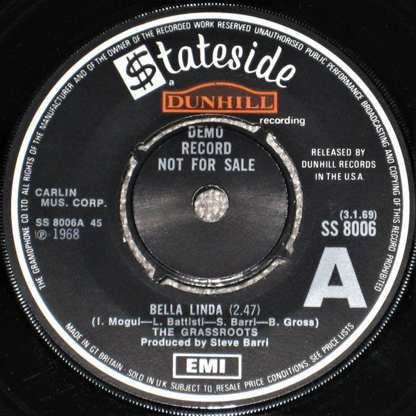 The Grass Roots : Bella Linda / Hot Bright Lights (7", Single, Promo)