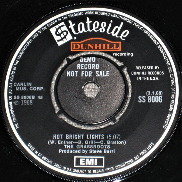 The Grass Roots : Bella Linda / Hot Bright Lights (7", Single, Promo)