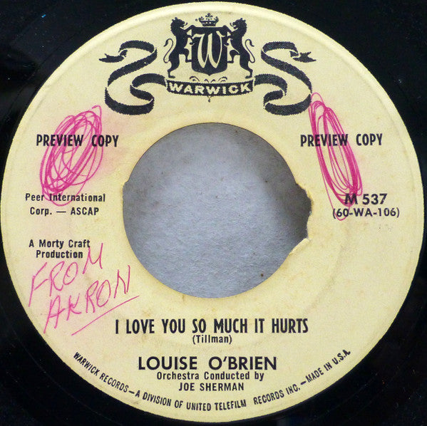 Louise O'Brien : I Love You So Much It Hurts / I Don't Mind Being Alone When I'm All Alone With You (7", Single, Promo)
