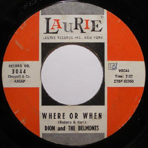 Dion & The Belmonts : Where Or When (7", Single, Mono, Styrene, Bri)