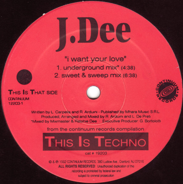 J.Dee : I Want Your Love (Remixes) (12")