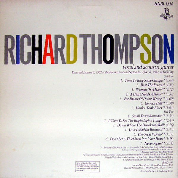 Richard Thompson : Small Town Romance (Live / Solo In New York) (LP, Album)