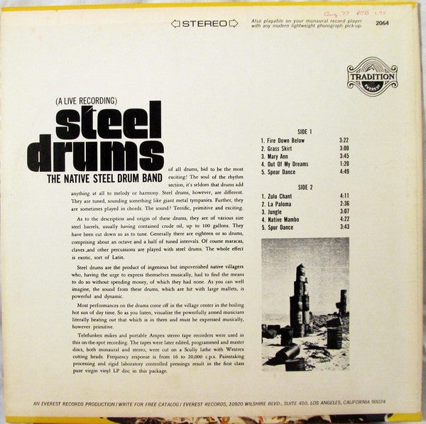 The Native Steel Drum Band : Steel Drums (A Live Recording) (LP, Album)