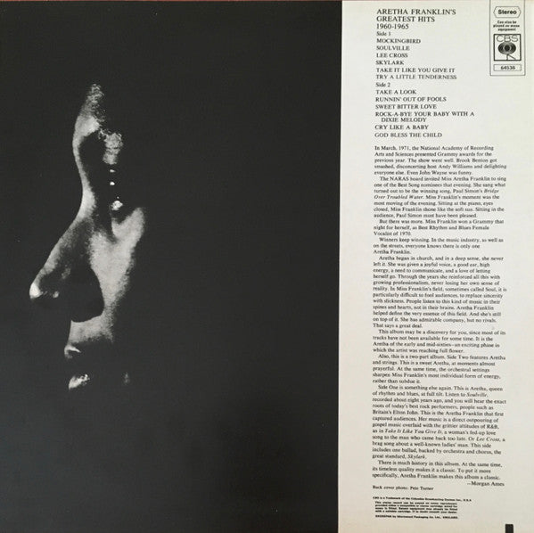 Aretha Franklin : Aretha Franklin's Greatest Hits 1960-1965 (LP, Comp)