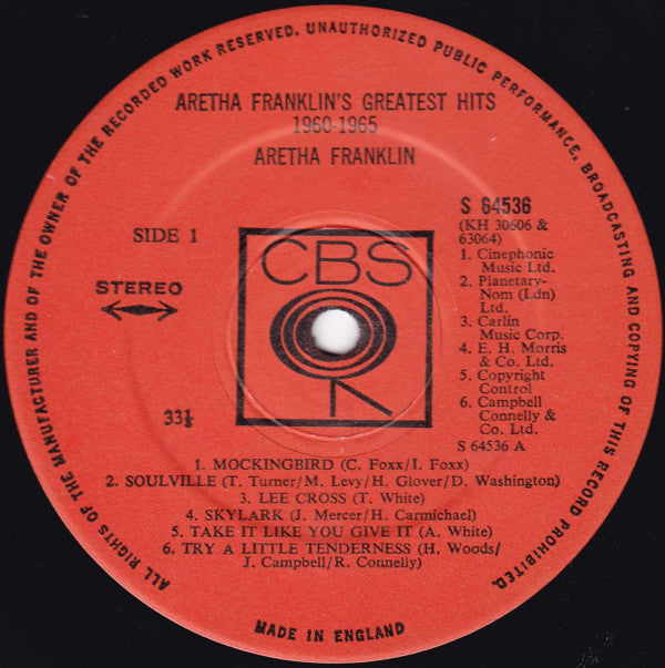 Aretha Franklin : Aretha Franklin's Greatest Hits 1960-1965 (LP, Comp)