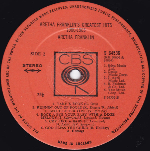 Aretha Franklin : Aretha Franklin's Greatest Hits 1960-1965 (LP, Comp)