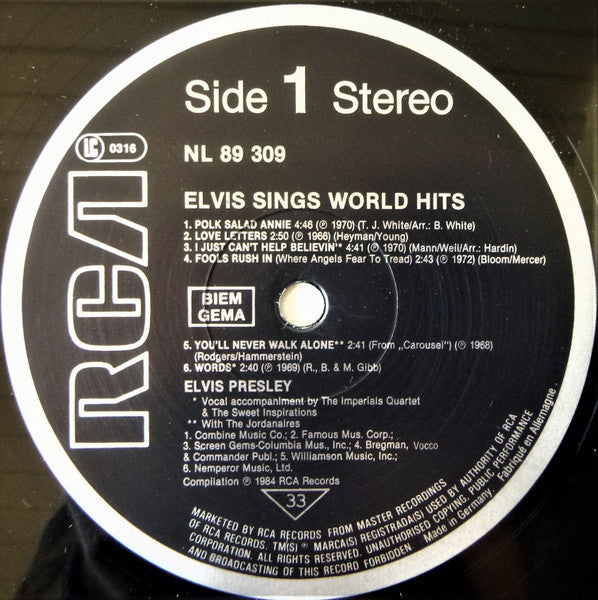 Elvis Presley : Elvis Sings World Hits (LP, Comp)