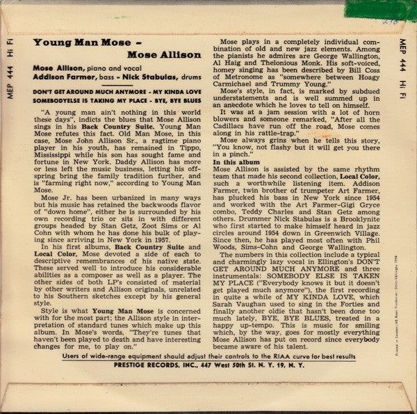 Mose Allison : Young Man Mose (7", EP)