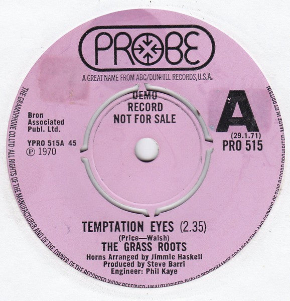 The Grass Roots : Temptation Eyes (7", Single, Promo)