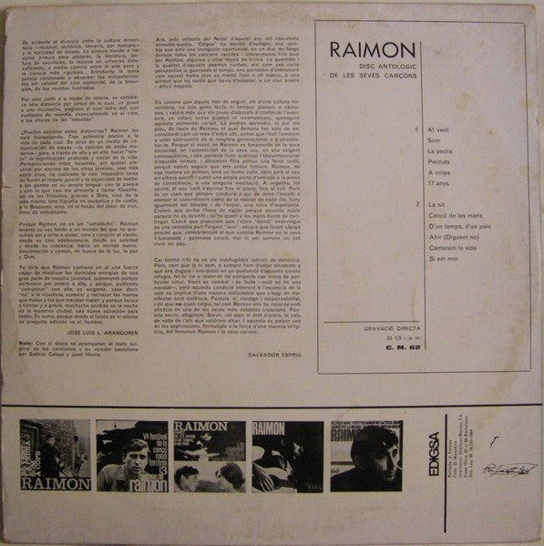 Raimon : Disc Antològic De Les Seves Cançons (LP, Album)