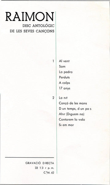 Raimon : Disc Antològic De Les Seves Cançons (LP, Album)