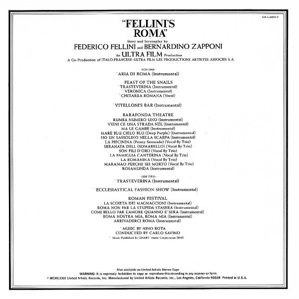 Nino Rota : Fellini's Roma (Original Motion Picture Score) (LP)