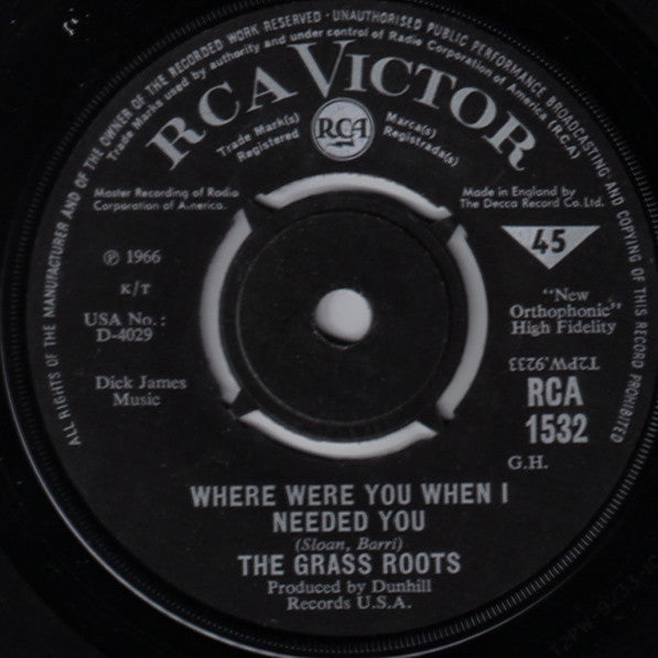 The Grass Roots : Where Were You When I Needed You / (These Are) Bad Times (7")