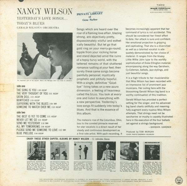 Nancy Wilson / Gerald Wilson Orchestra : Yesterday's Love Songs • Today's Blues (LP, Album, Mono)