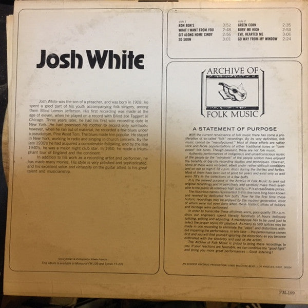 Josh White : Josh White (LP, Album, Mono)