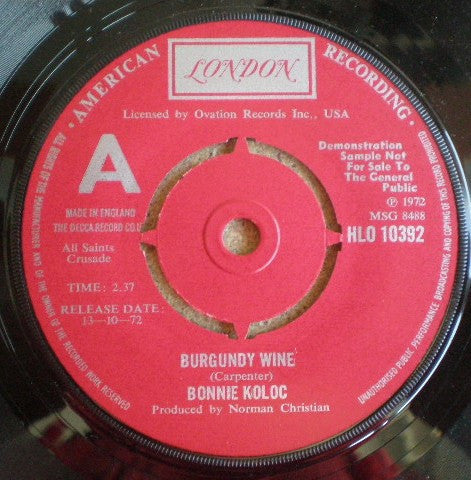 Bonnie Koloc : Burgundy Wine / We Are Ships (7", Promo)
