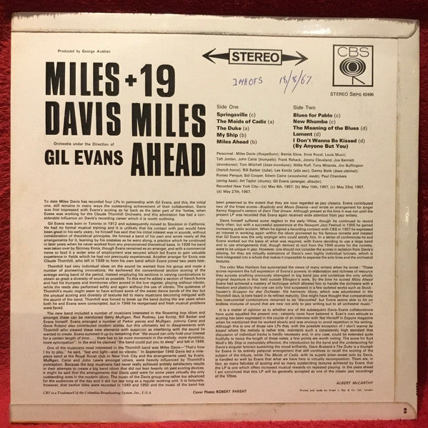 Miles Davis + 19 With Orchestra Under The Direction Of Gil Evans : Miles Ahead (LP, Album)