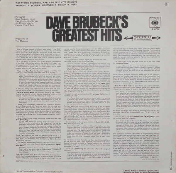 Dave Brubeck : Dave Brubeck's Greatest Hits (LP, Comp)