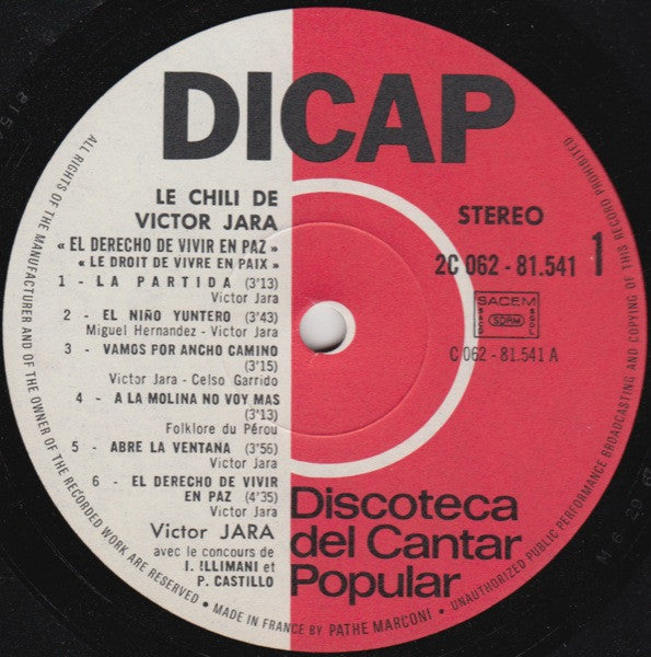 Victor Jara, Quilapayún : Le Chili De Victor Jara - El Derecho De Vivir En Paz · "Le Droit De Vivre En Paix" (LP, Comp)