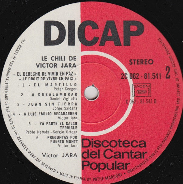 Victor Jara, Quilapayún : Le Chili De Victor Jara - El Derecho De Vivir En Paz · "Le Droit De Vivre En Paix" (LP, Comp)