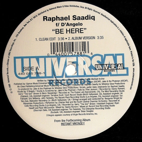 Raphael Saadiq F/ D'Angelo : Be Here (12")