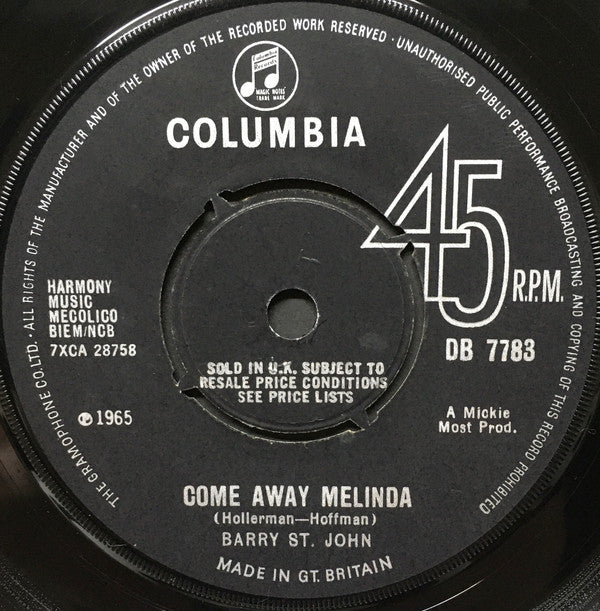 Barry St. John : Come Away Melinda (7", Single)