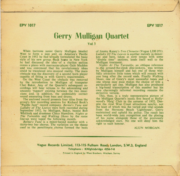 Gerry Mulligan Quartet : Vol 3  (7", EP)