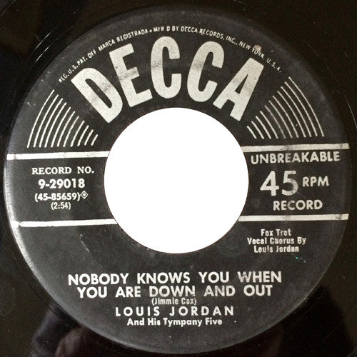 Louis Jordan And His Tympany Five : Lollypop / Nobody Knows You When You’re Down And Out (7", Single)