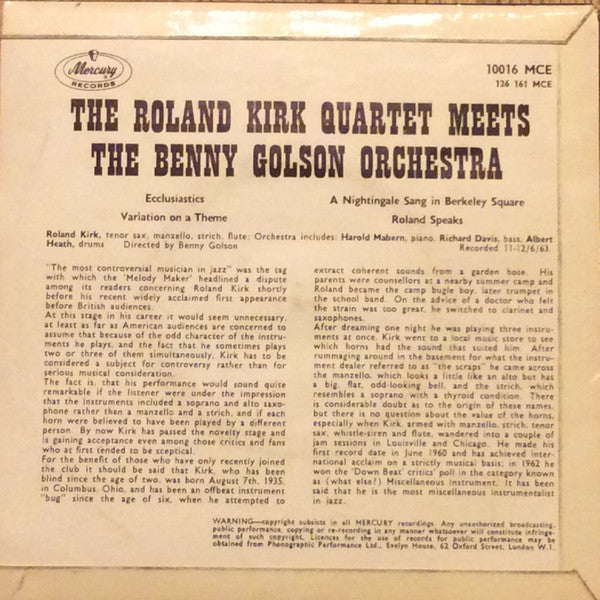 The Roland Kirk Quartet : Meets The Benny Golson Orchestra (7", EP, Mono)