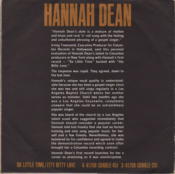 Hannah Dean : So Little Time (7", Single, Mono)