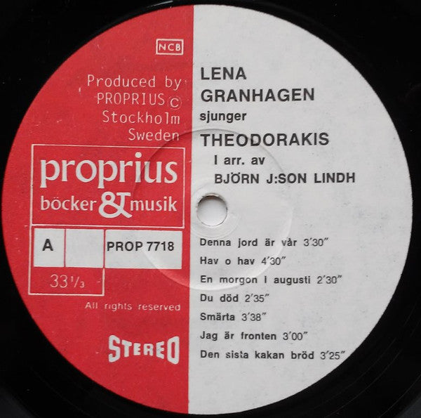 Lena Granhagen : Lena Granhagen Sjunger Theodorakis & Biermann (LP, Album, Sin)
