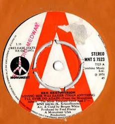 Kris Kristofferson : Loving Her Was Easier (Than Anything I'll Ever Do Again) (7", Promo)