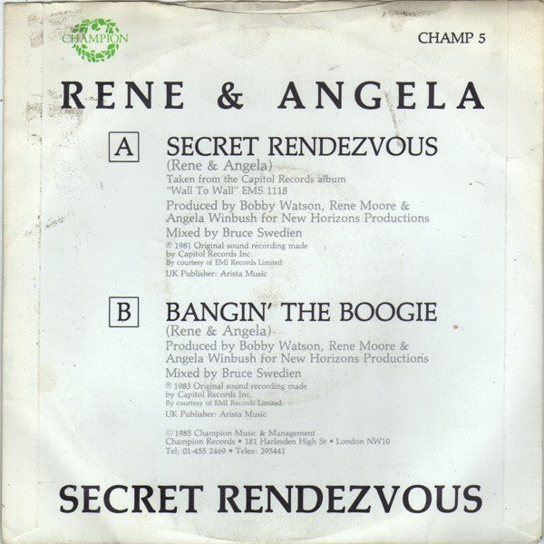 René & Angela : Secret Rendezvous (7", Single, RE)