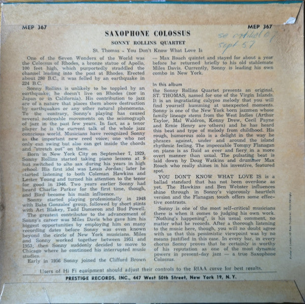 Sonny Rollins : Saxophone Colossus (7", EP)