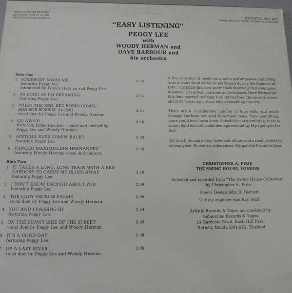 Peggy Lee With Woody Herman And Dave Barbour Orchestra : Easy Listening (LP, Album)